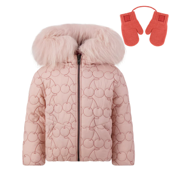 coat cherry print solid reversible with fur hood - pink/red
