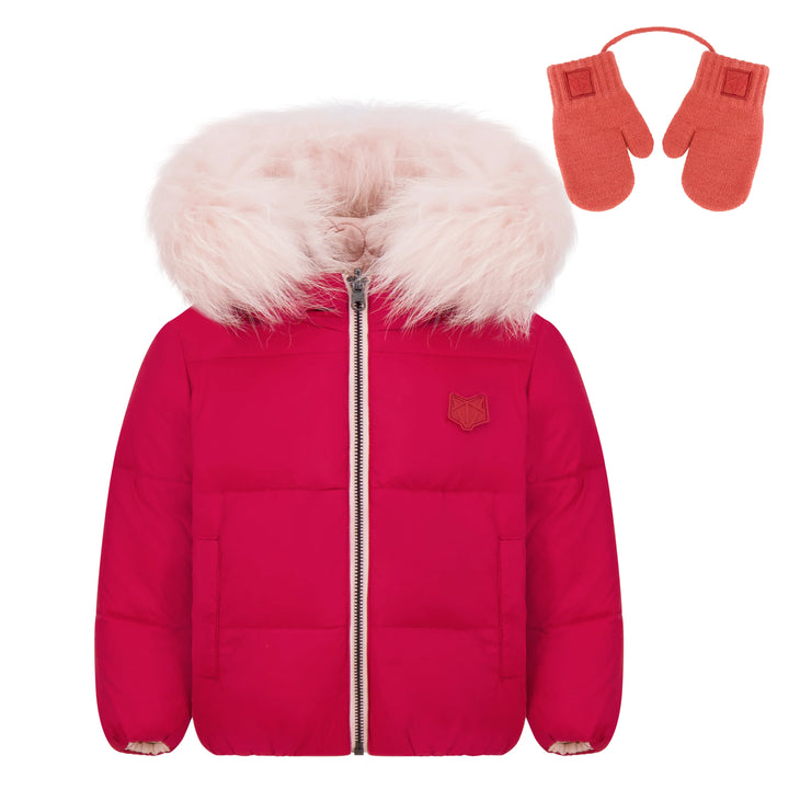 coat cherry print solid reversible with fur hood - pink/red