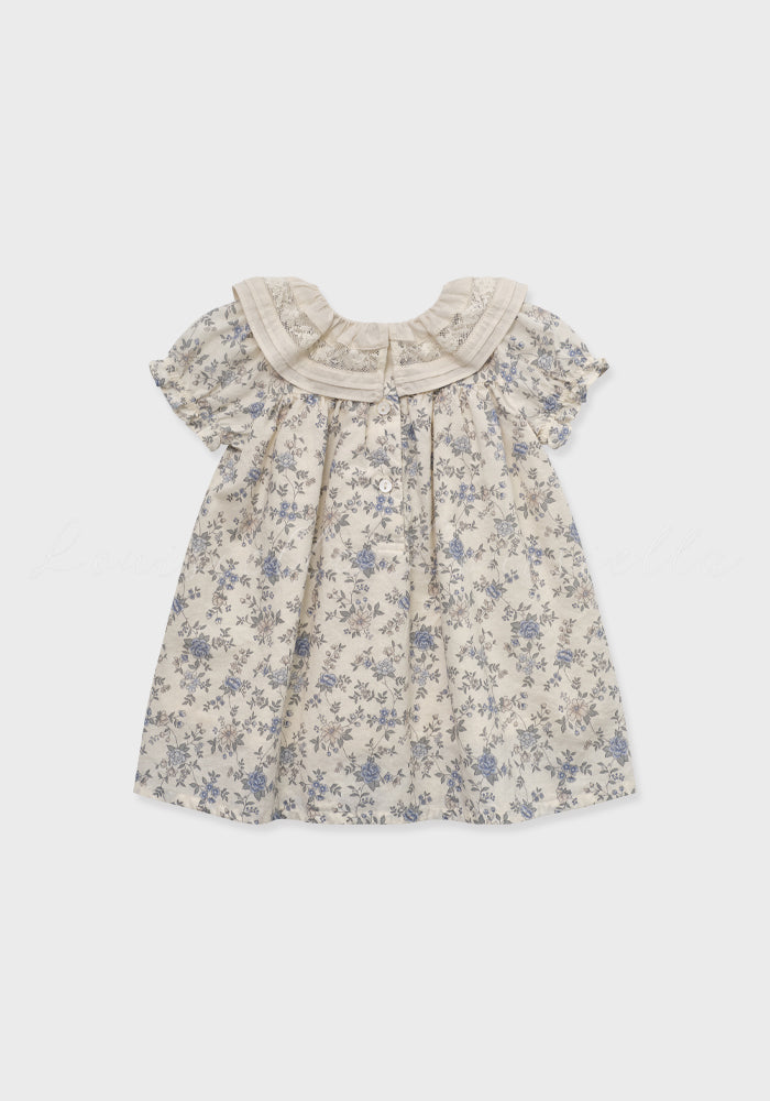dress floral printed with lace detail collar - vintage blue