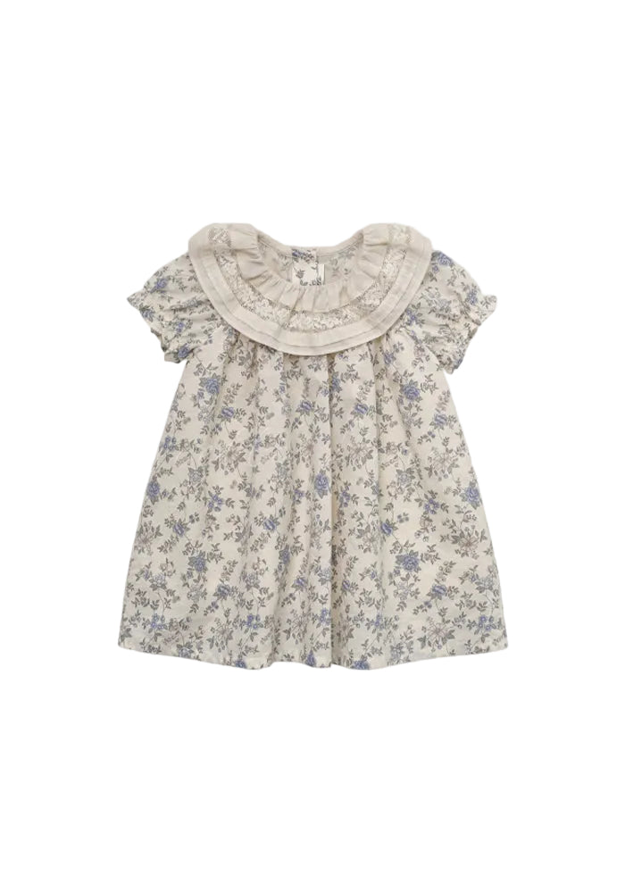 dress floral printed with lace detail collar - vintage blue
