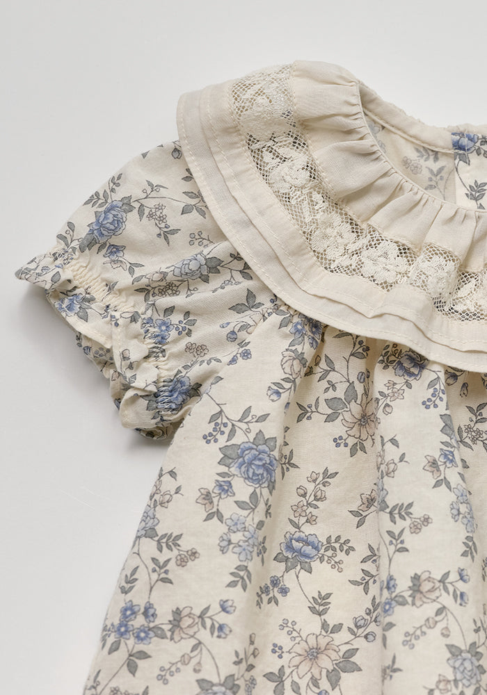 dress floral printed with lace detail collar - vintage blue