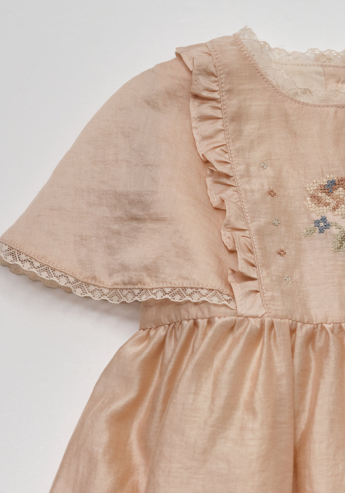 dress criss cross stitch embroidered with lace trim - peach beige