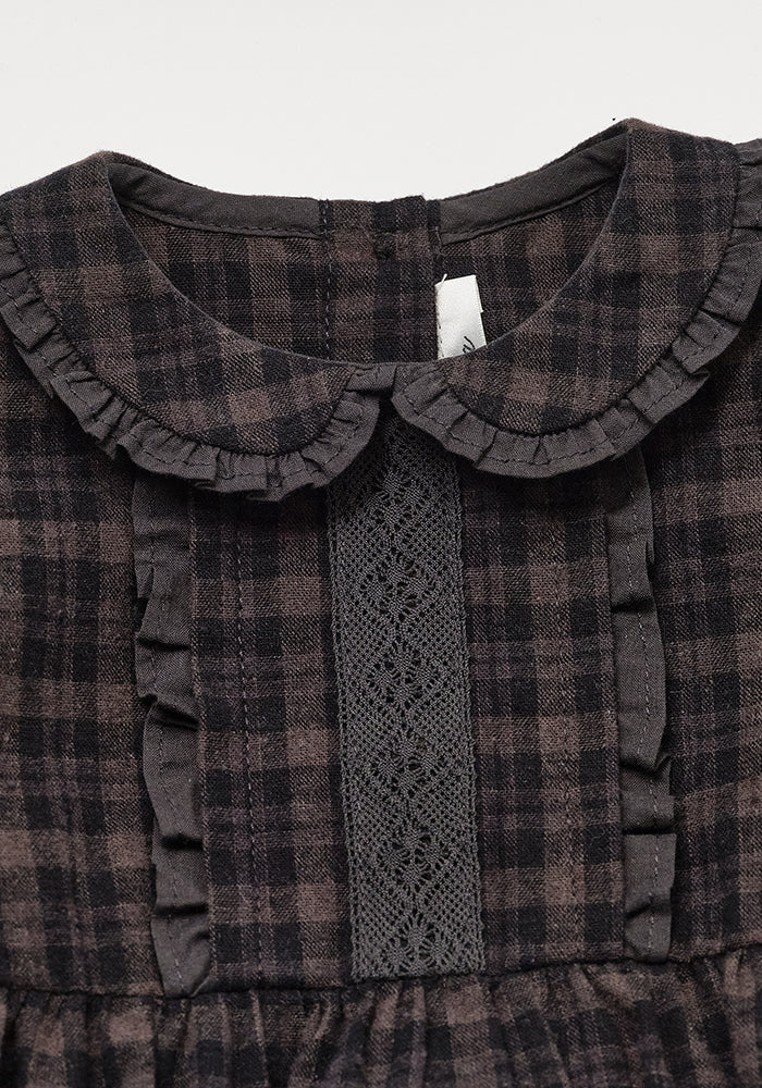 one piece plaid frill detail collared romper - vintage black