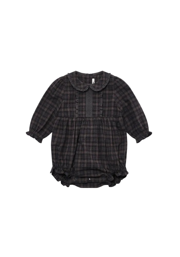 one piece plaid frill detail collared romper - vintage black