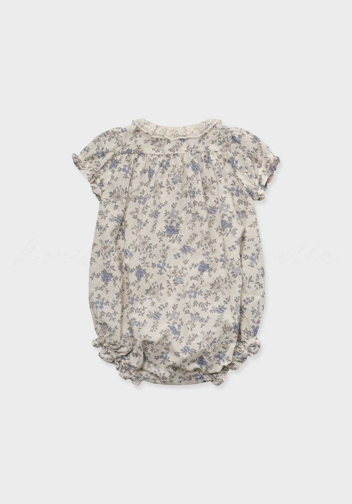 one piece floral printed romper with lace collar - vintage blue