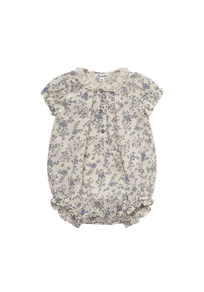 one piece floral printed romper with lace collar - vintage blue