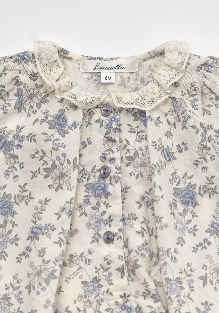 one piece floral printed romper with lace collar - vintage blue