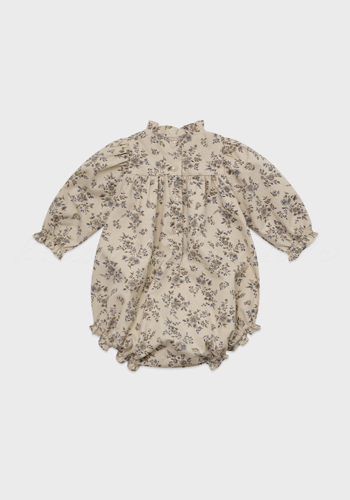 one piece high waisted floral print bubble romper with frill trim - vintage blue