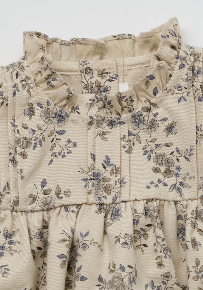 one piece high waisted floral print bubble romper with frill trim - vintage blue