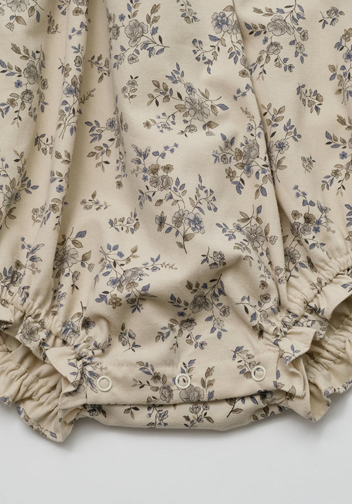 one piece high waisted floral print bubble romper with frill trim - vintage blue