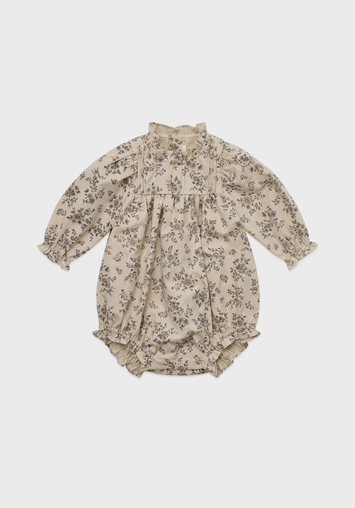 one piece high waisted floral print bubble romper with frill trim - vintage blue