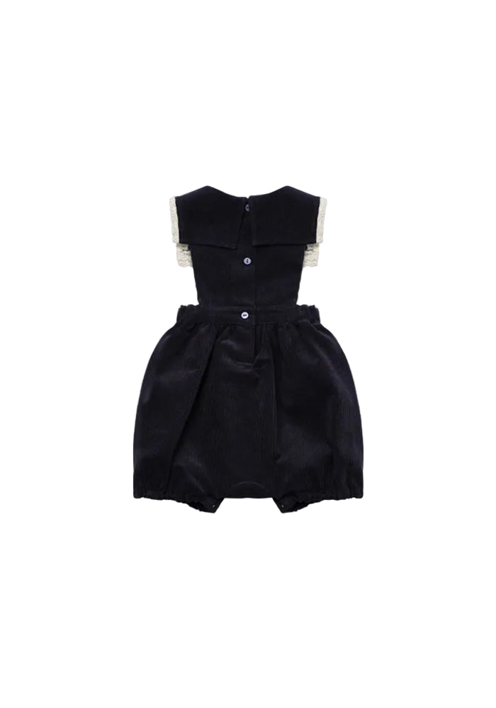 one piece corduroy lace trim bib romper with floral blouse - vintage navy