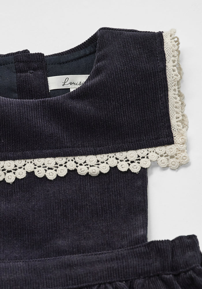 one piece corduroy lace trim bib romper with floral blouse - vintage navy