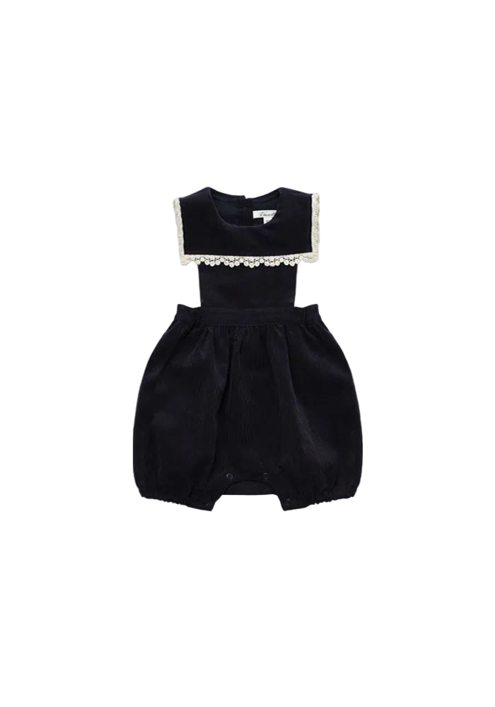 one piece corduroy lace trim bib romper with floral blouse - vintage navy