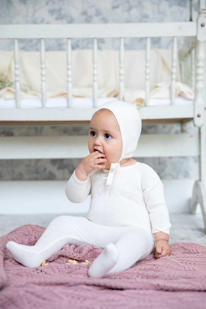 one piece knit bebe footie with bonnet - ivory