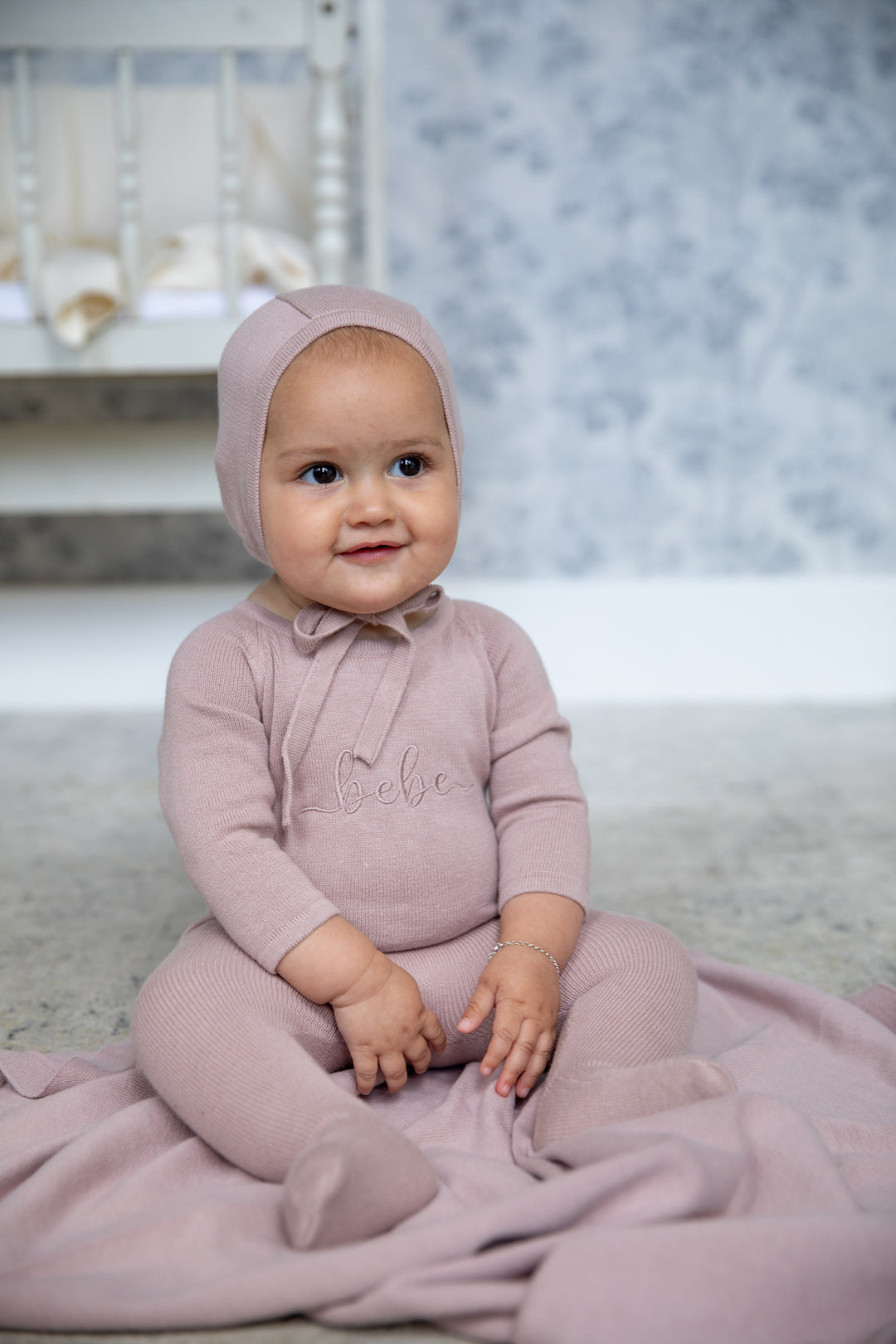 one piece knit bebe footie with bonnet - pink