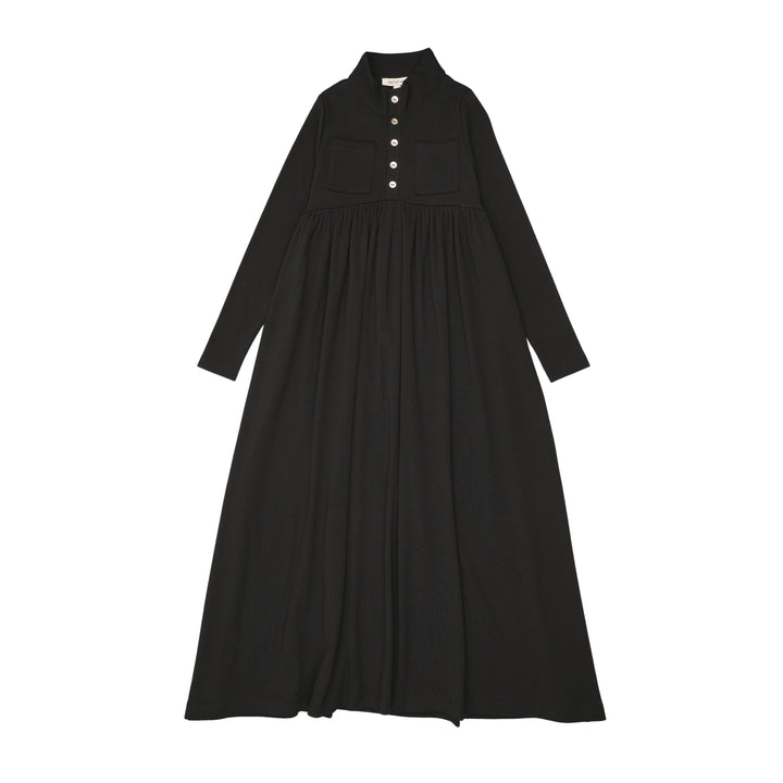 maxi dress high waisted front pockets with mockneck - black