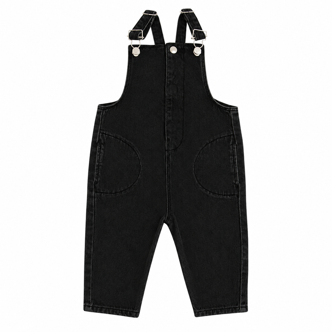 one piece denim button overalls - black denim