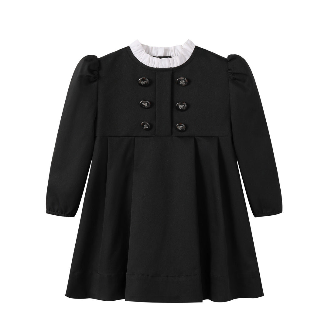 dress taffeta double breasted with frill collar - black