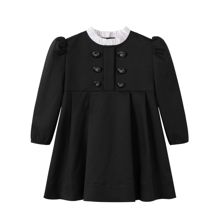 dress taffeta double breasted with frill collar - black