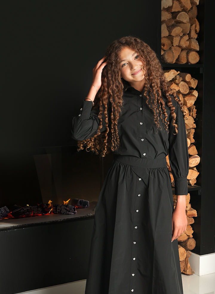 skirt taffeta rhinestone button down - black