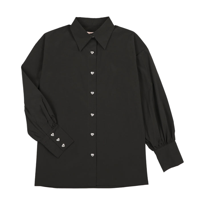 top l/s taffeta rhinestone button shirt - black