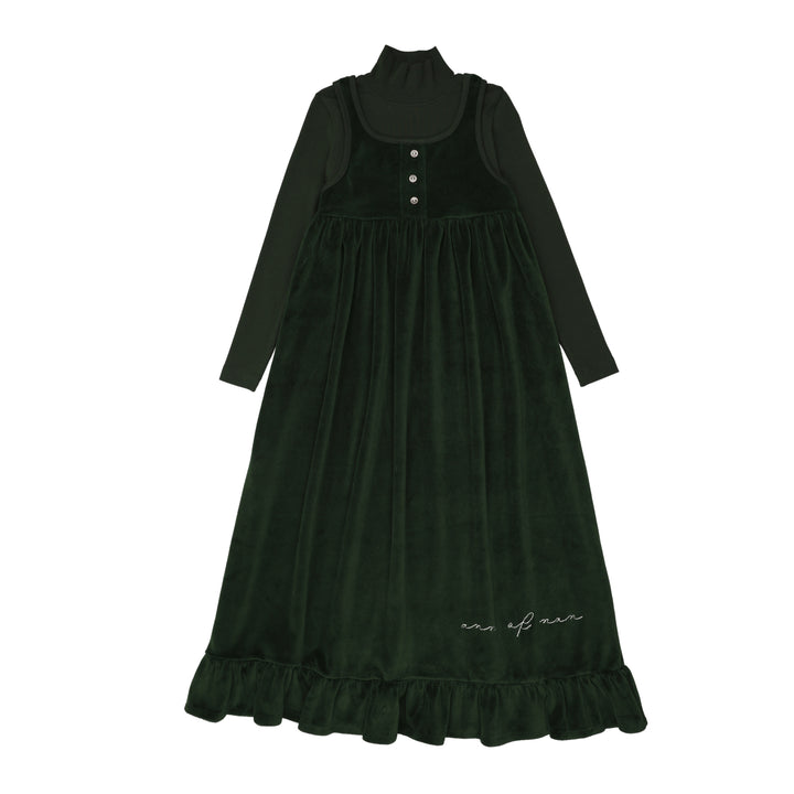 maxi dress velour frill jumper with attached mockneck - green