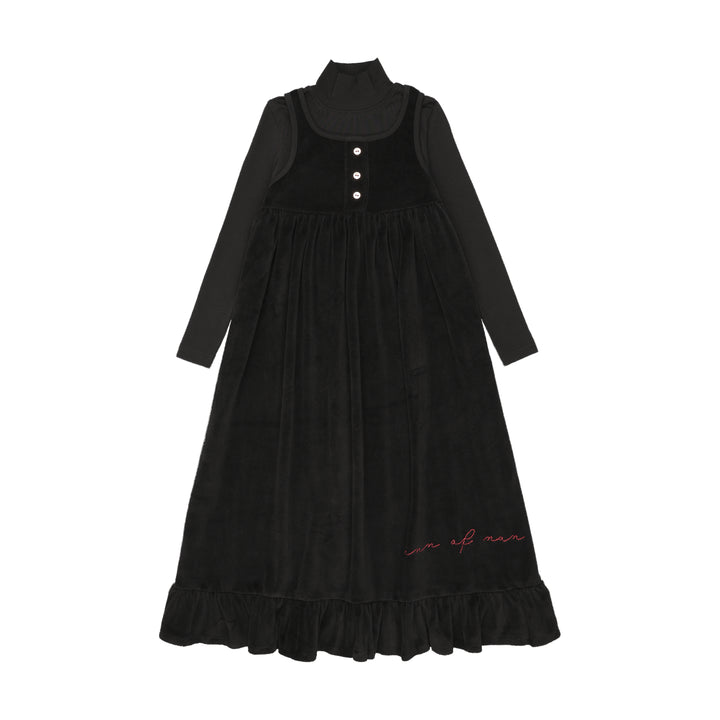 maxi dress velour frill jumper with attached mockneck - black