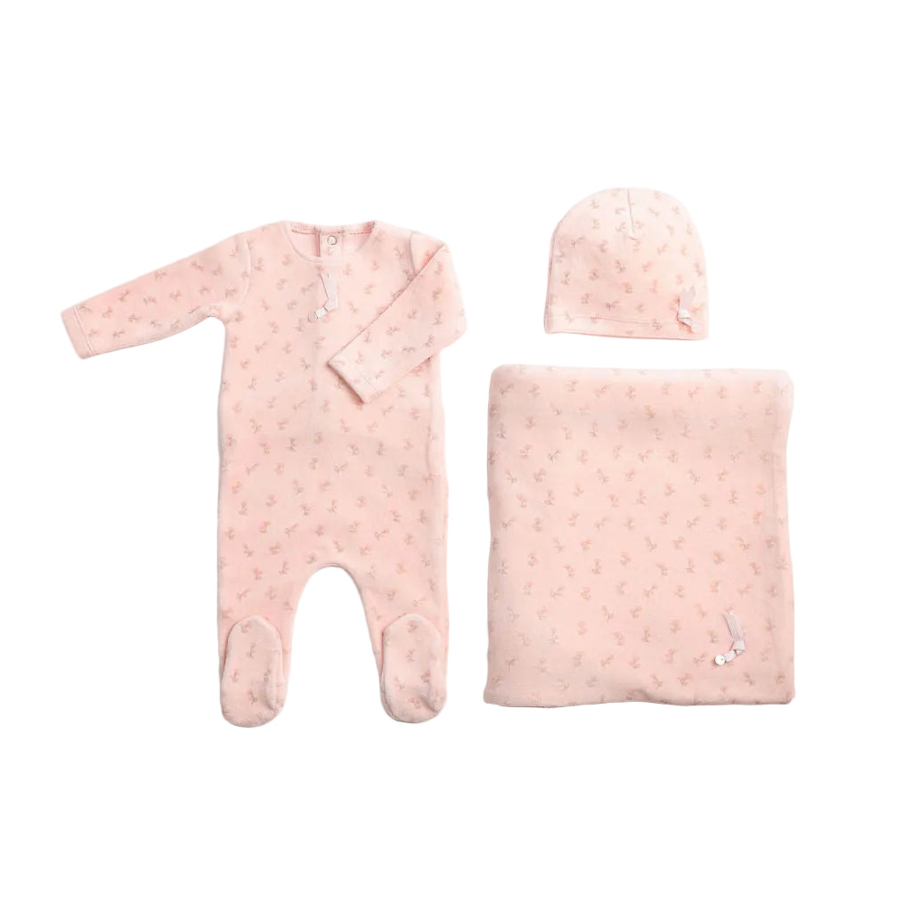 set footie blossoms print velour with beanie and blanket - pearly pink
