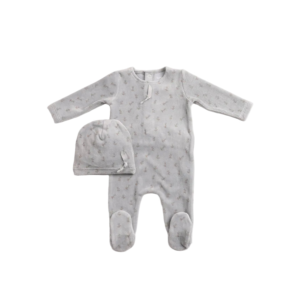 footie blossoms print velour with beanie - sky blue