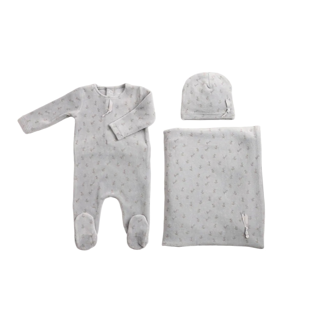 set footie blossoms print velour with hat and blanket - sky blue