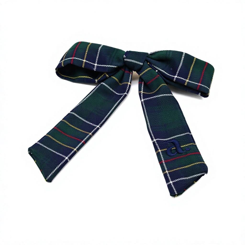 clip plaid emberoidered bow - navy
