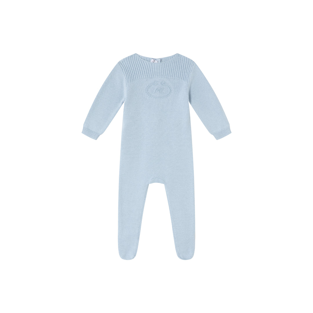 set knit footie embossed emblem with cardigan and bonnet - blue