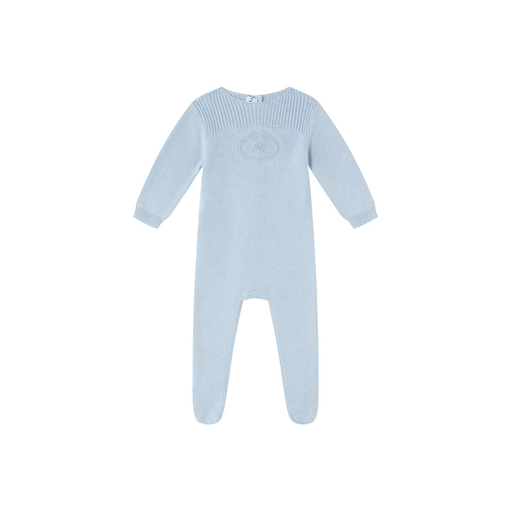 set knit footie embossed emblem with cardigan and bonnet - blue
