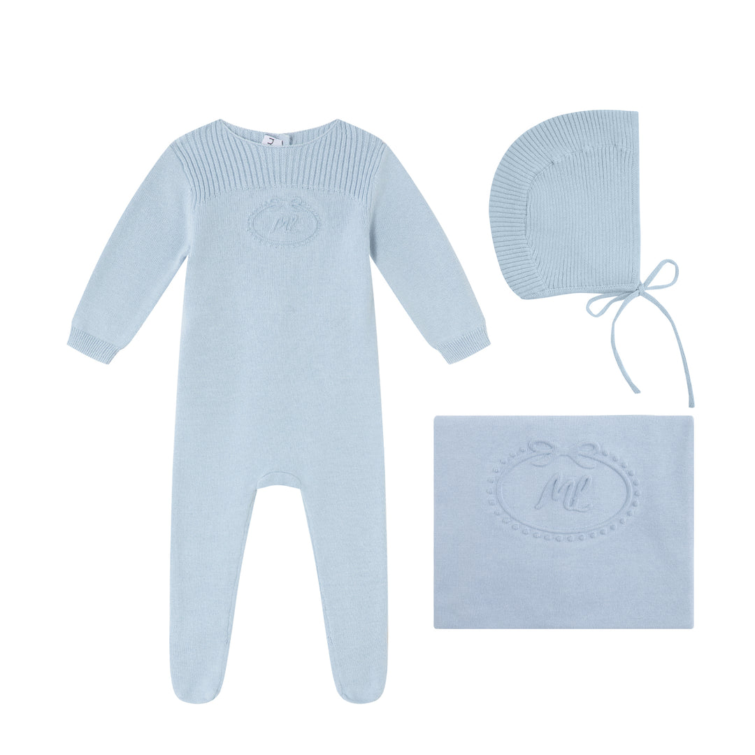 set knit footie embossed emblem with cardigan bonnet and blanket - blue