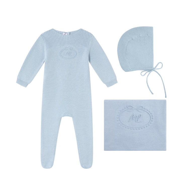 set knit footie embossed emblem with cardigan bonnet and blanket - blue
