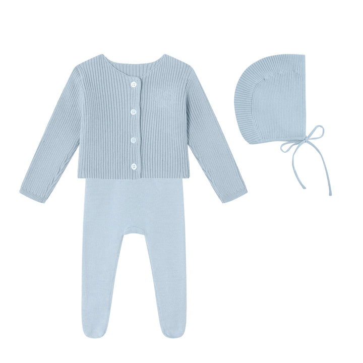 set knit footie embossed emblem with cardigan and bonnet - blue