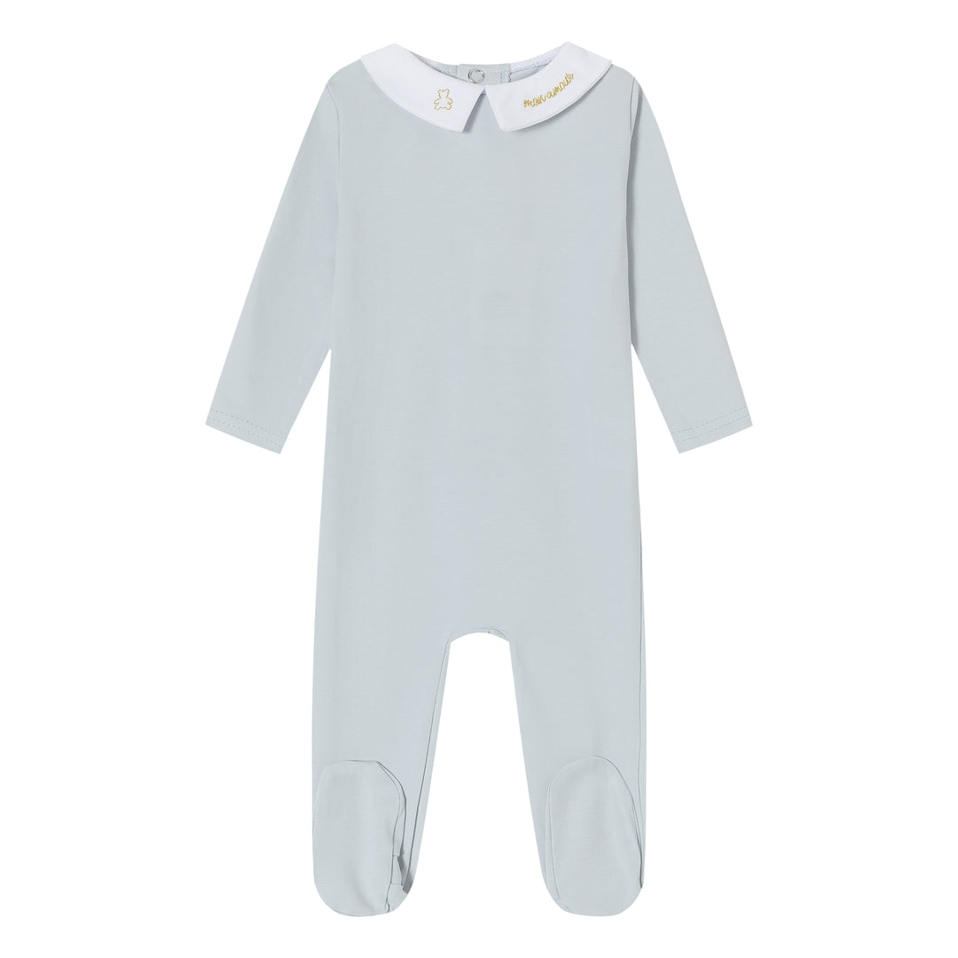 footie metallic collared emberoidery with knit wrap and bonnet - blue