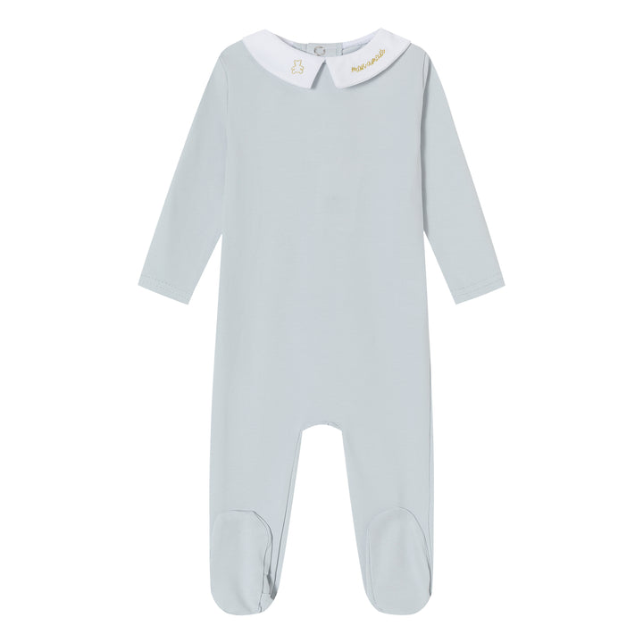 footie metallic collared emberoidery with knit wrap and bonnet - blue