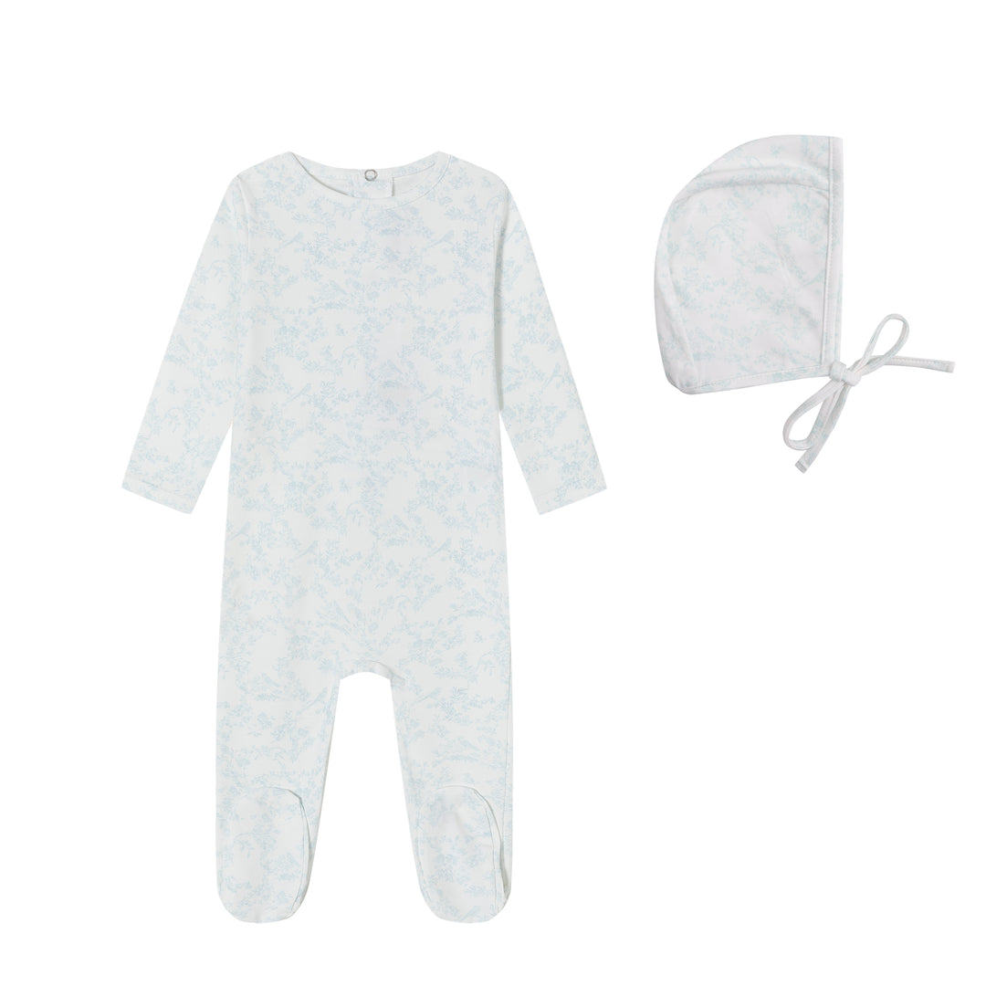 footie toile bird print with bonnet - blue