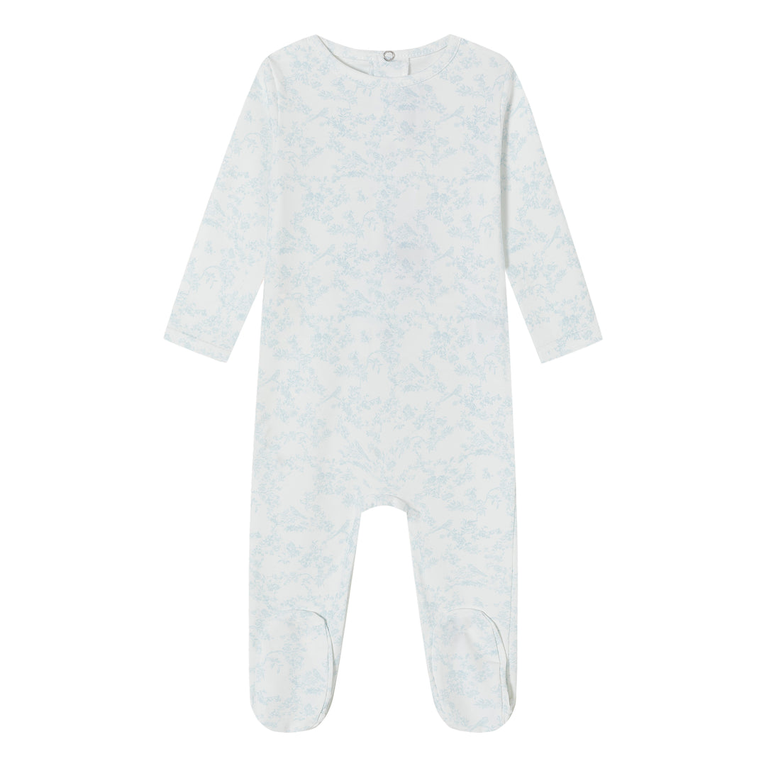 footie toile bird print - blue