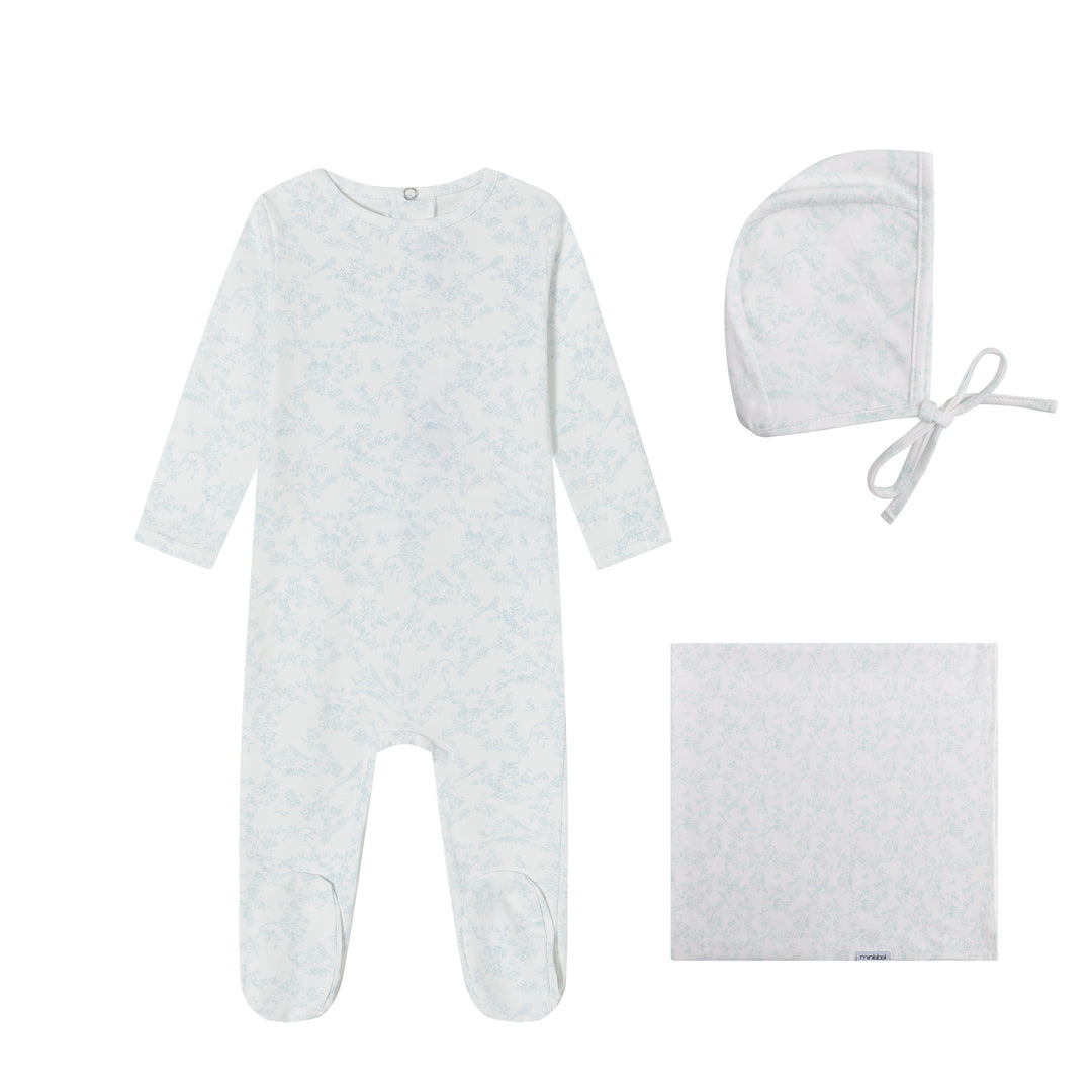 set footie toile bird print with bonnet and blanket - blue