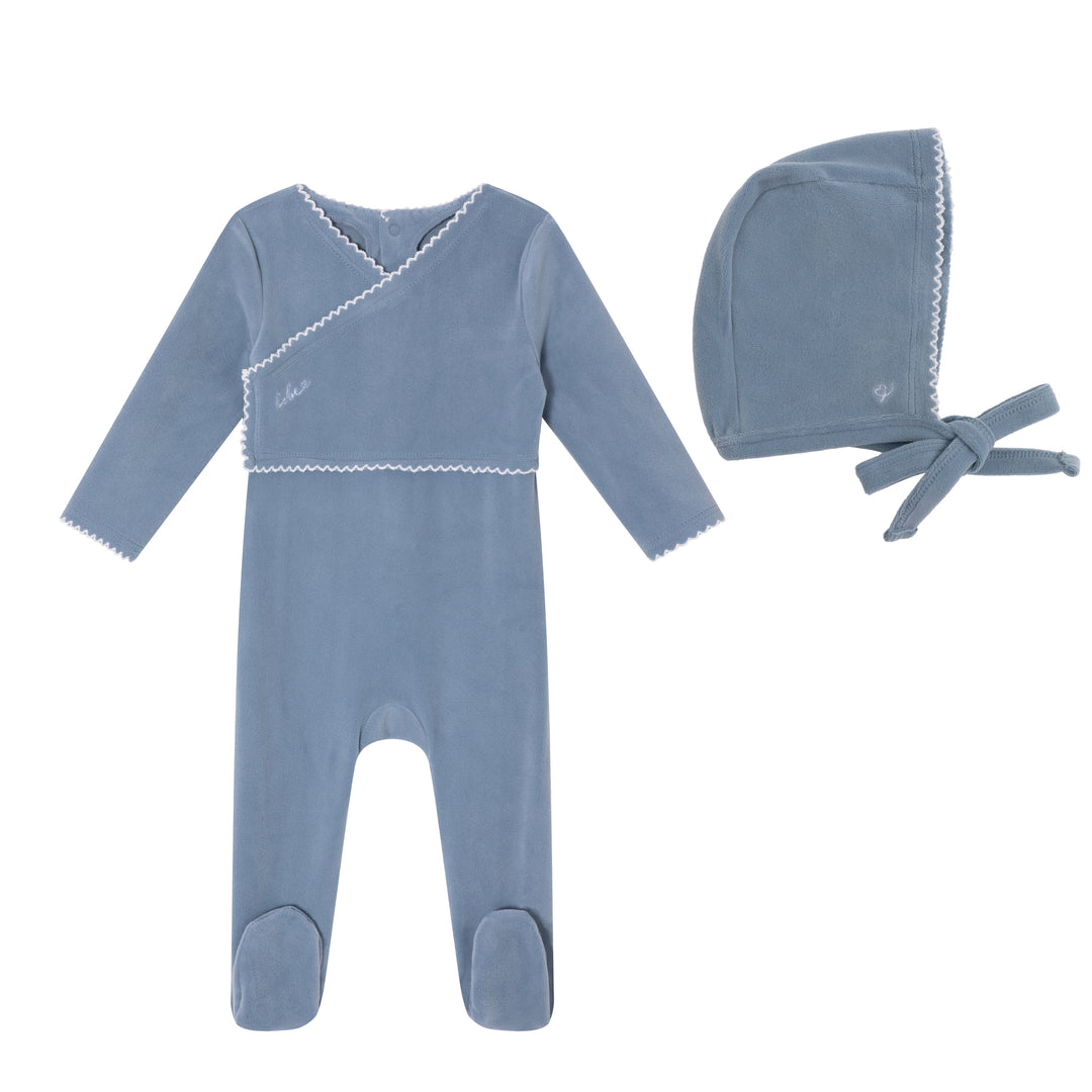 footie velour bebe with bonnet - blue