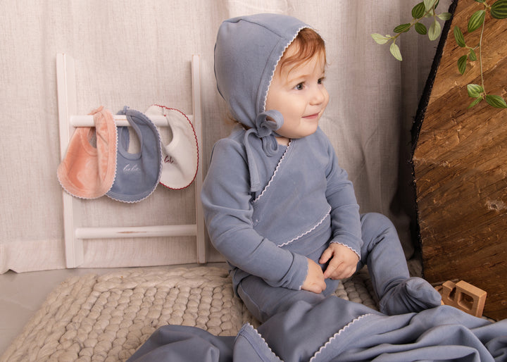 footie velour bebe with bonnet - blue