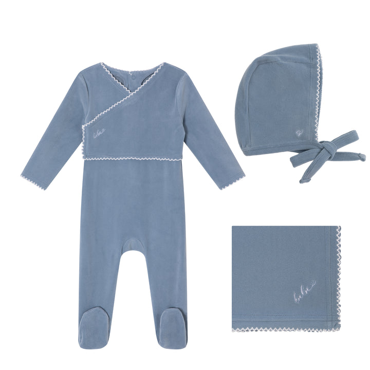 set footie velour bebe with bonnet and blanket - blue