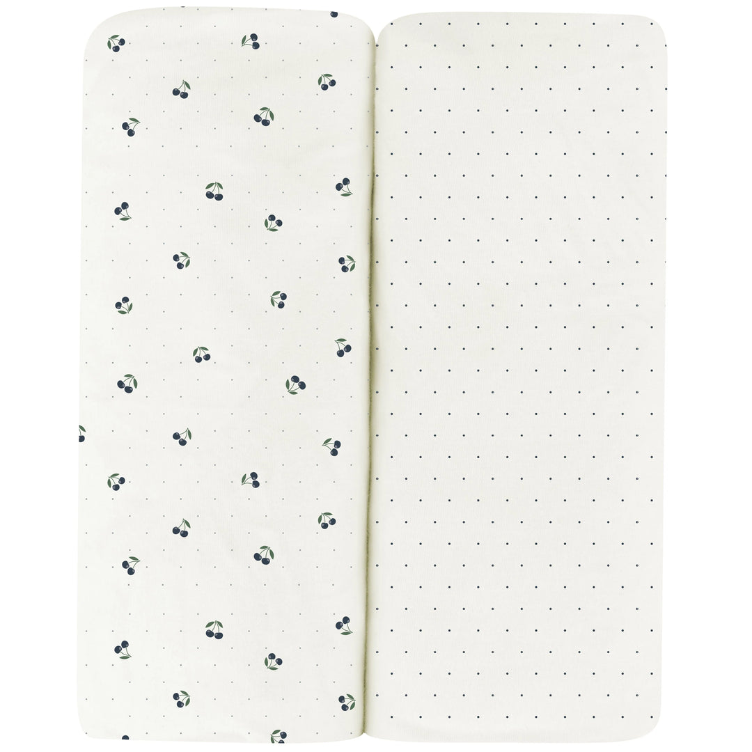 crib sheet blue cherry pack n play - white