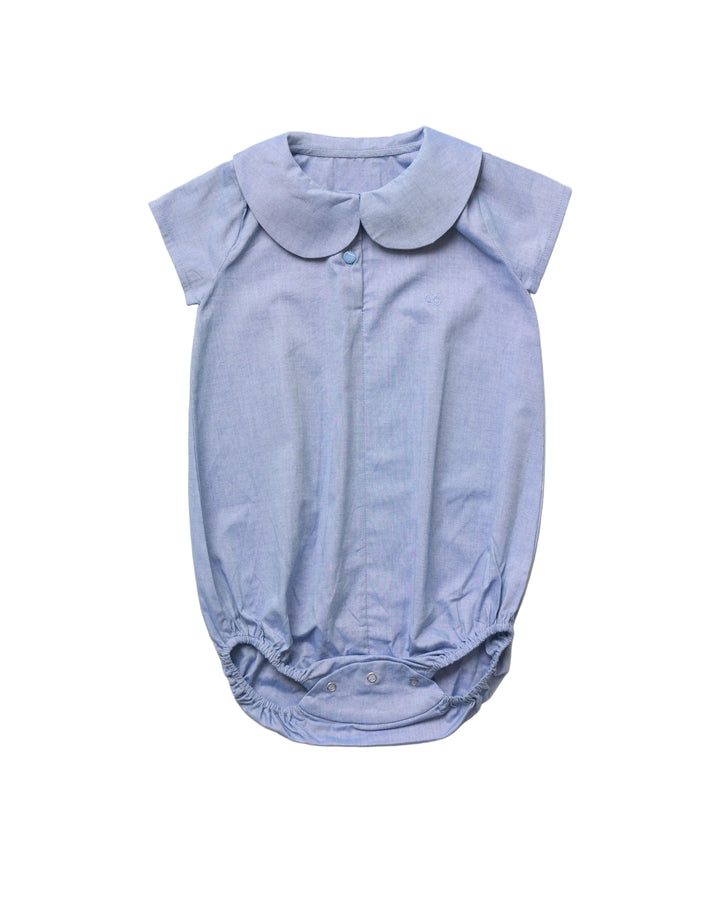 one piece chambray bubble romper with collar - summer sky