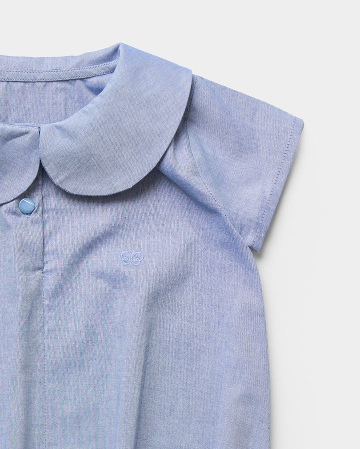 one piece chambray bubble romper with collar - summer sky