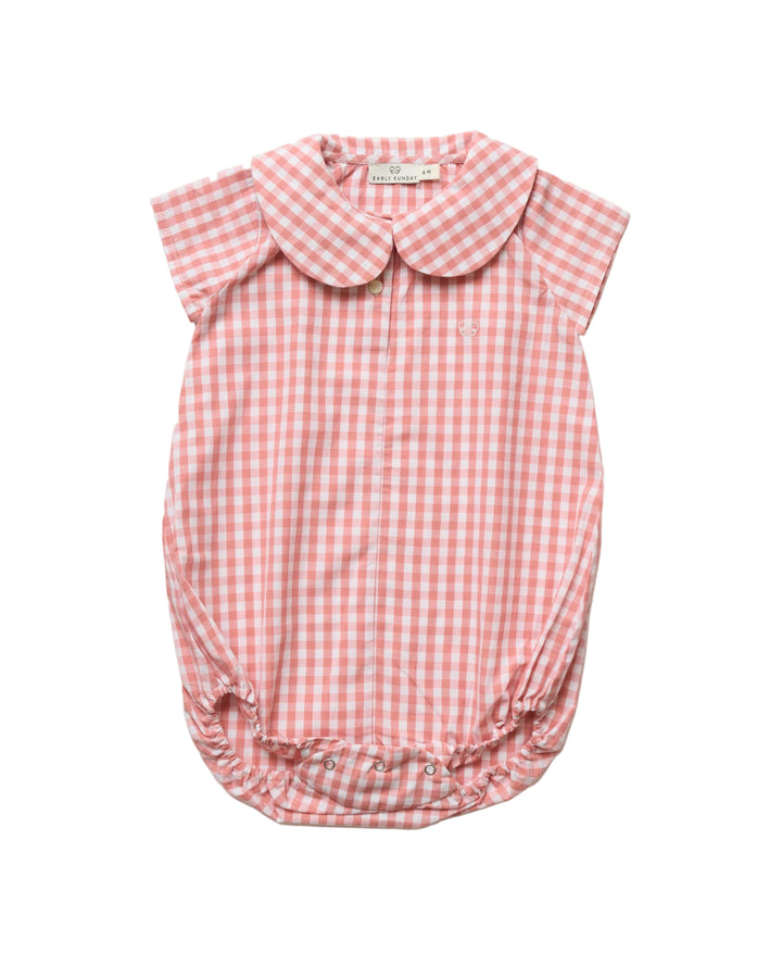 one piece gingham bubble romper with collar - peony