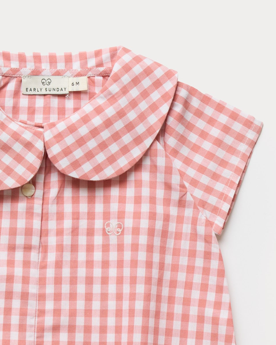 one piece gingham bubble romper with collar - peony